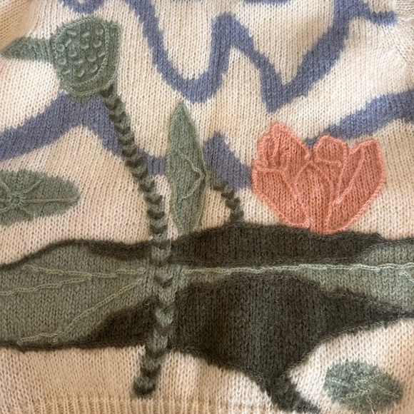 YEO’S Vtg 80s Hand-knit Wool Mohair Sweater Abstract 3D Knit Waterlily Print XL - Picture 8 of 11